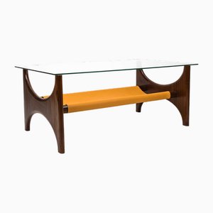 Rosewood Coffee Table with Leather Shelf and Glass Top, 1960s