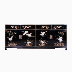 Chinoiserie Black Laquered Sideboard with Four Drawers and Shelves