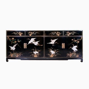 Chinoiserie Schwarz Lackiertes Sideboard mit Vier Schubladen und Regalen