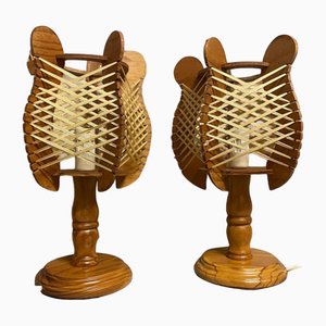 Mid-Century Portuguese Rustic Wood Straw Wooden Table Lamps, 1960s, Set of 2