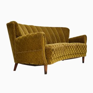 Vintage Danish Three-Seater Curved Sofa in Velour and Beech, 1960s