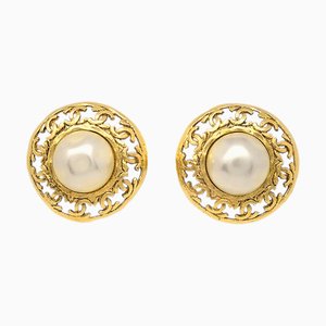 Gold Button Artificial Pearl Earrings from Chanel, Set of 2