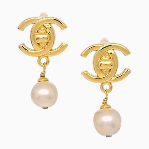 Turnlock Artificial Pearl Dangle Earrings from Chanel, Set of 2