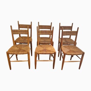 French Chairs in Teak and Straw Woven Seats, 1965, Set of 6
