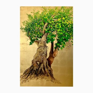 Anastasia Gklava, Platanus, el árbol de la alegría y la curación, óleo sobre lienzo y hoja de oro, 2024