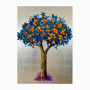 Anastasia Gklava, Scintillating Orange Tree, Oil on Canvas & Silver Leaf, 2023
