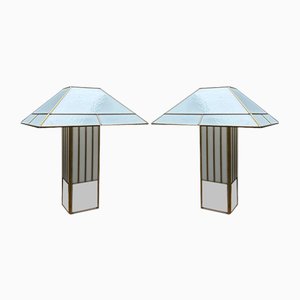 Lámparas de mesa grandes de latón y vidrio opaco estilo Tiffany, años 70. Juego de 2