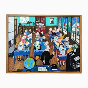 The Classroom, Peinture à l'Huile, 1950s, Encadré