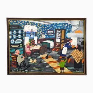 Casa di famiglia, dipinto a olio, anni '50, con cornice