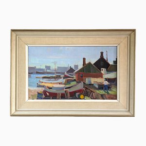 Boat Yard, Oil Painting, 1950s, Framed