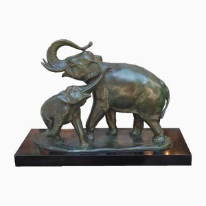 Signed Bronze Elephant with Cub