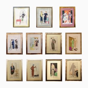 Art Deco Fashion Illustrations, Drawings, Framed, Set Of, 1920s, Pine