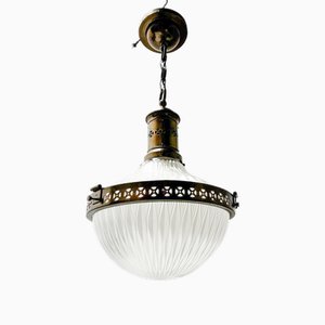 Arts & Crafts Patinated Brass Holophane Pendant Light, 1900s