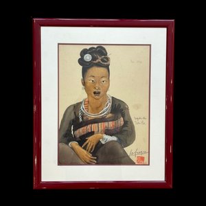Léa Lafugie, Child and a Woman Ta Moc from the Soula Region, 20th Century, Watercolor, Framed