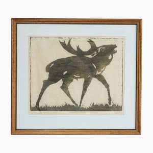 Axel Salto, A Stag, 20th Century, Woodcut, Framed