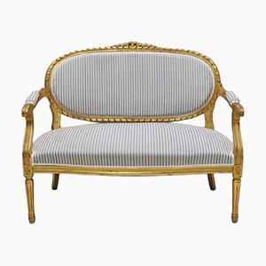 Antique English Queen Elisabeth Gilt Carved Wood Upholstered Sofa