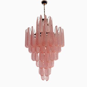 Lámpara de araña italiana vintage grande de cristal de Murano con gota de 85 pétalos de vidrio rosa, 1990
