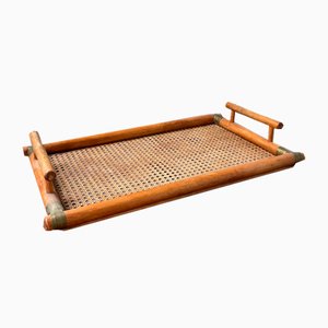 Rattan, Canework and Brass Tray by Gabriella Crespi, 1970s