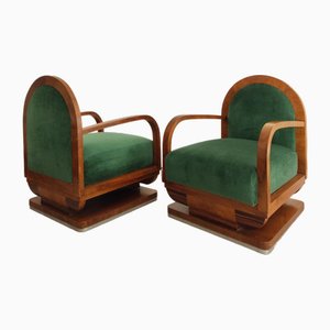 Art Deco Armchairs in Wood and Mohair Velvet, Set of 2