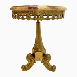 Round Brass Side Table with Onyx Marble Table Top, 1970s