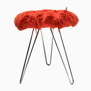 Tripod Fluffy Stool on Chromed Steel Hairpin Legs, 1950s