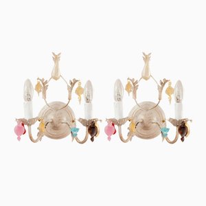 Wandlampen mit Farbigen Muranoglas Hängen in Elfenbein & Weißer Struktur, Italien, 2er Set