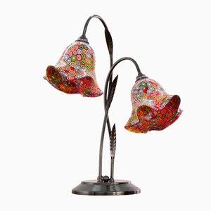 Lampada da Tavolo con Coppe in Vetro di Murano e Struttura in Ottone Scuro e Murrine Multicolore, Italia