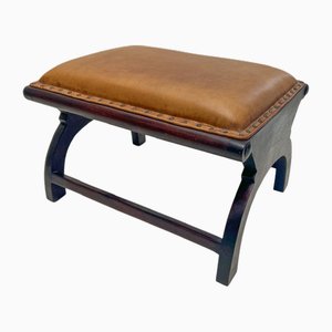 Vintage Wood and Leather Footstool or Ottoman, 1980s
