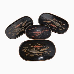 Japanese Lacquer Oval Tray Set, 1950s, Set of 4