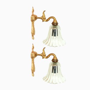 Fronzoli Bronze Murano Glass Wall Lamps by Barovier & Toso, Italy, 1940s, Set of 2