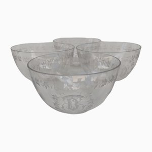 Crystal Bowls Decorated with Vine Leaves in Monogram, 1890s, Set of 4