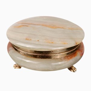 Italian Round Green Onyx Marble Box with Gilded Lionfeet, 1950s