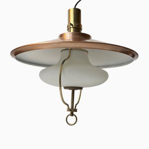 Functionalist Nautical Hanging Lamp in Brass and Opaline Glass from Lyfa, 1970s