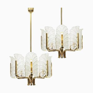 Large Glass Leaves and Brass Chandelier from Orrefors, 1960s