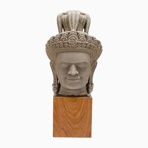 Head of Khmer Deity Sculpture, 1950s, Wood & Stoneware