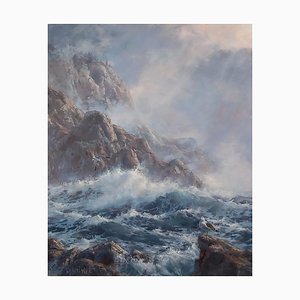 Robert Wee, Crashing Waves on the Rocks, Oil Painting, 1978
