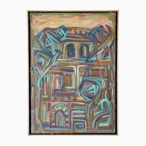 Patrick Bourdin, edificio abstracto cubista, pintura en lienzo