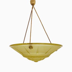 Art Deco 1-Light Basin Pendant Light in Yellow Glass Paste, 1930s