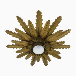 Sunburst Wall or Ceiling Light with Gold Metal Foliage, 1960s