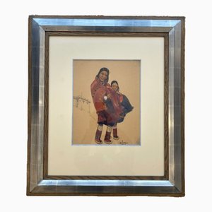 Léa Lafugie, Gouache einer tibetischen Frau mit Kind, 1920er, Gouache, gerahmt
