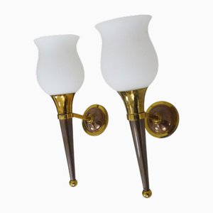 Vintage Copper and Brass Torchiere Wall Lights with White Opaline Globes, 1950s, Set of 2