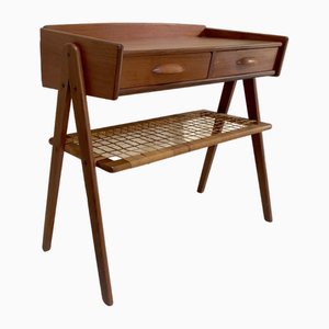 Tavolino con cassetti in teak e vimini, Danimarca, anni '50