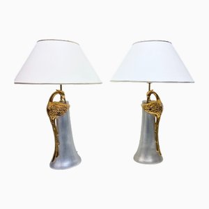 Large Table Lamps with Porcelain Herons, 1980s, Set of 2