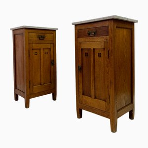 Early 20th Century Oak Bedside Cabinets with Marble Tops, 1900s, Set of 2