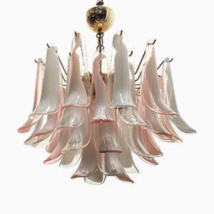 Lámpara de araña de pétalos de cristal de Murano rosa y blanco, años 70