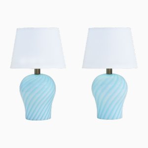 Italian Murano Baby Blue Swirl Glass Lamps, 1970s, Set of 2
