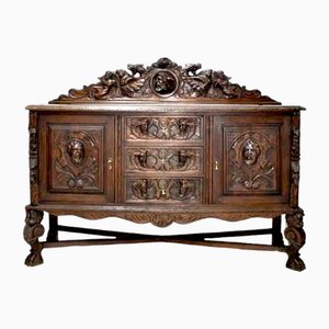 Antique Spanish Renaissance Carved Wood Sideboard with Claws Legs Two Doors and Drawers