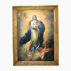 Óleo sobre lienzo religioso español antiguo Virgen Inmaculada con ángeles, siglo XIX, óleo sobre lienzo, enmarcado