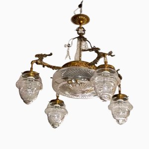 Lámpara de techo española antigua de bronce dorado y cristal, años 20