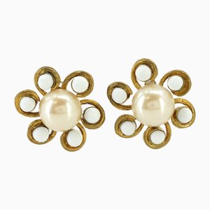 Flower and Faux Pearl Earrings in Gold White from Chanel, Set of 2